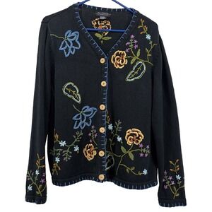 All Points Size L Vintage Floral Embroidered Cardigan Sweater Navy Blue Women's